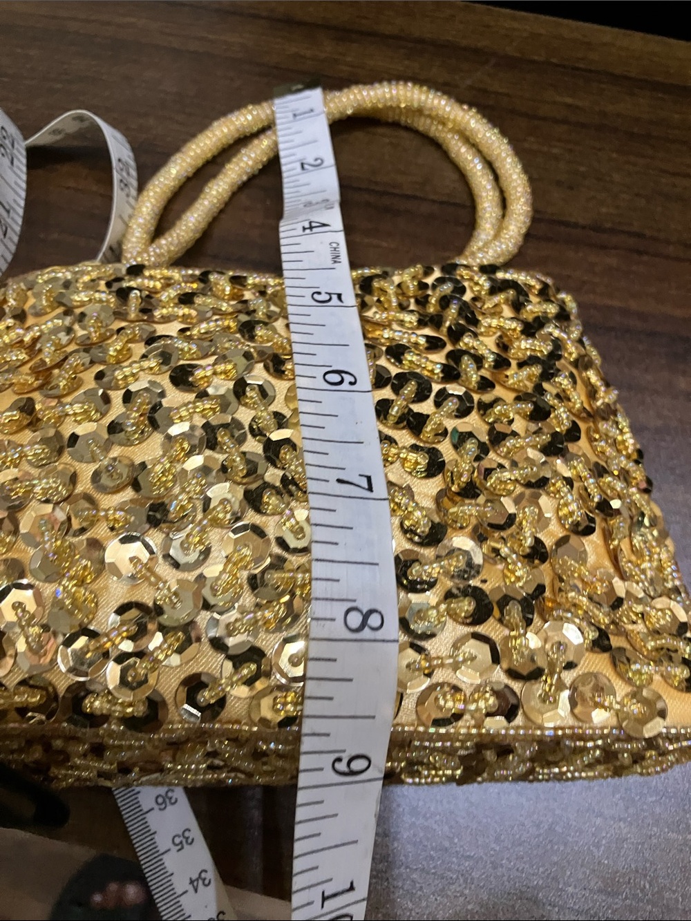 Gold Sequin Beaded Evening Clutch with Beaded Handles - Picture 5 of 11